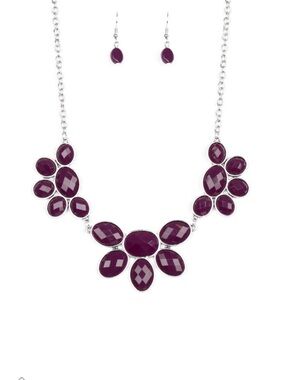 N-76 Statement Purple Floral Bib Necklace and Earrings Set
